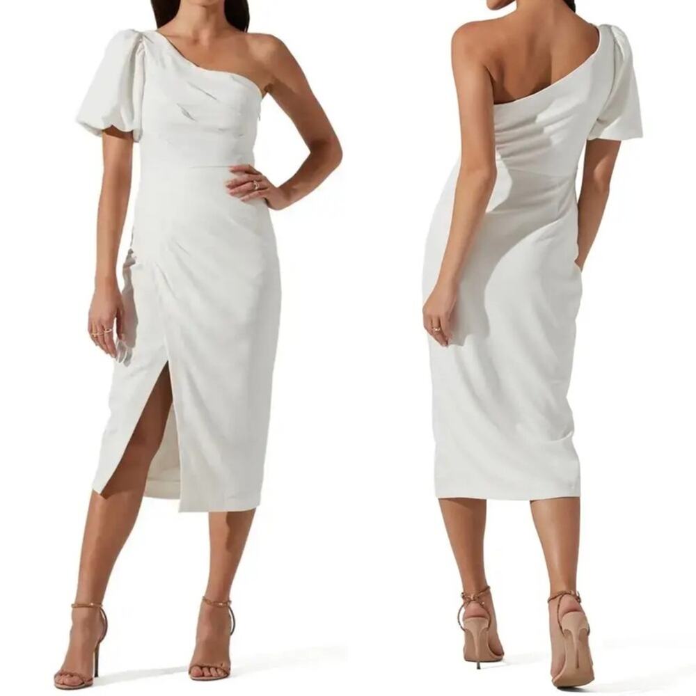 ASTR The Label Joelle Midi Dress S White One Shoulder Puff Sleeve Elegant Formal
